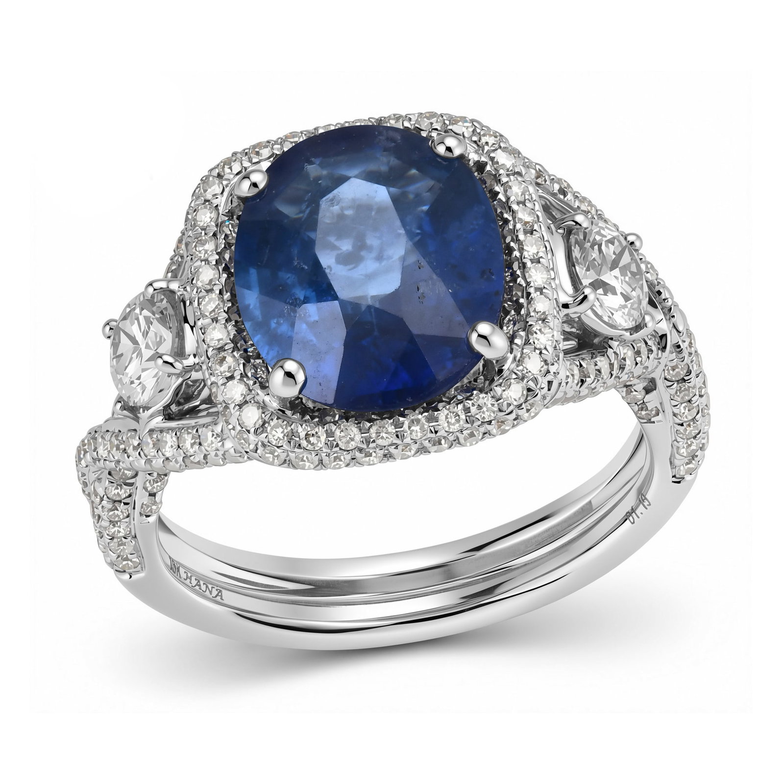 18K White Gold Ladies Ring with 3.50ct GIA Certified Ceylon Sapphire and 1.19tcw Adjacent Diamonds: Retail: $31,864.00 ****** 18K White Gold Ladies Ring with 3.50ct GIA Certified Ceylon Sapphire and 1.19tcw Adjacent Diamonds ****** Size: 7 / Metal: 18K White Gold / Total Item Weight: 6.5 Grams /