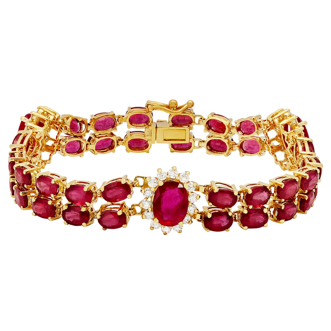 14k Yellow Gold 29.67ct Ruby 1.64ct Diamond Bracelet: Retail: $18,050.00 ****** 14k Yellow Gold 29.67ct Ruby 1.64ct Diamond Bracelet ****** Metal: 14K Yellow Gold / Total Item Weight: 21.80 grams / Country Made: United States / / Main Stone: Ruby /