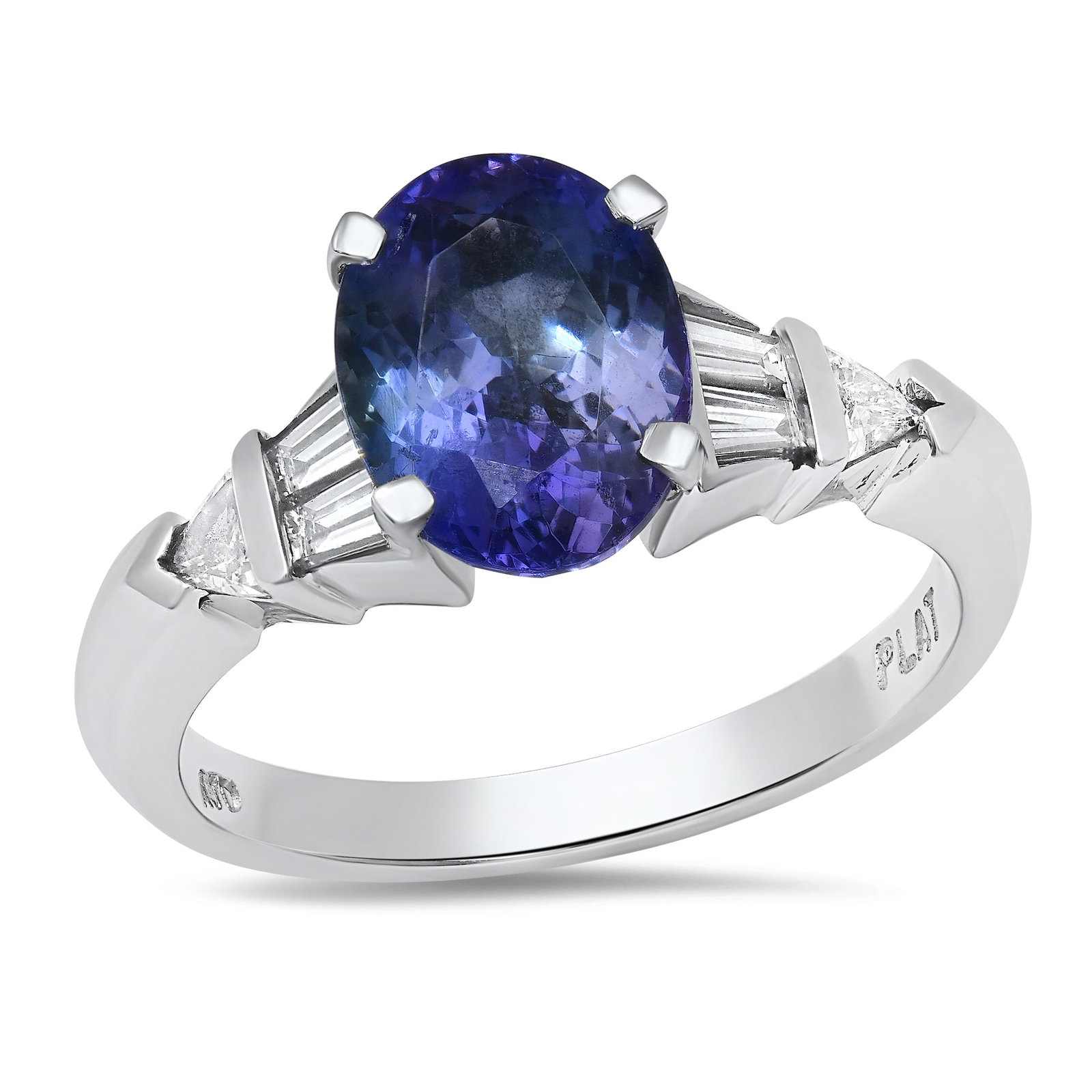 Platinum Ladies Ring with 2.81ct Tanzanite and 0.35tcw Adjacent Diamonds: Retail: $7,132.00 ****** Platinum Ladies Ring with 2.81ct Tanzanite and 0.35tcw Adjacent Diamonds ****** Size: 7 (we offer free resizing to winning bidders) / Metal: Platinum / Total Item Weight: 7.4