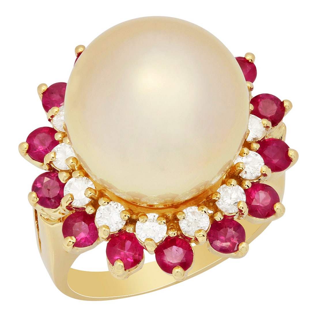14k Yellow Gold 14mm Pearl 1.42ct Ruby 0.68ct Diamond Ring: Retail: $7,520.00 ****** 14k Yellow Gold 14mm Pearl 1.42ct Ruby 0.68ct Diamond Ring ****** Metal: 14k Solid Yellow Gold / Total Item Weight: 12.00 grams / Country Made: United States / / Main Stone: