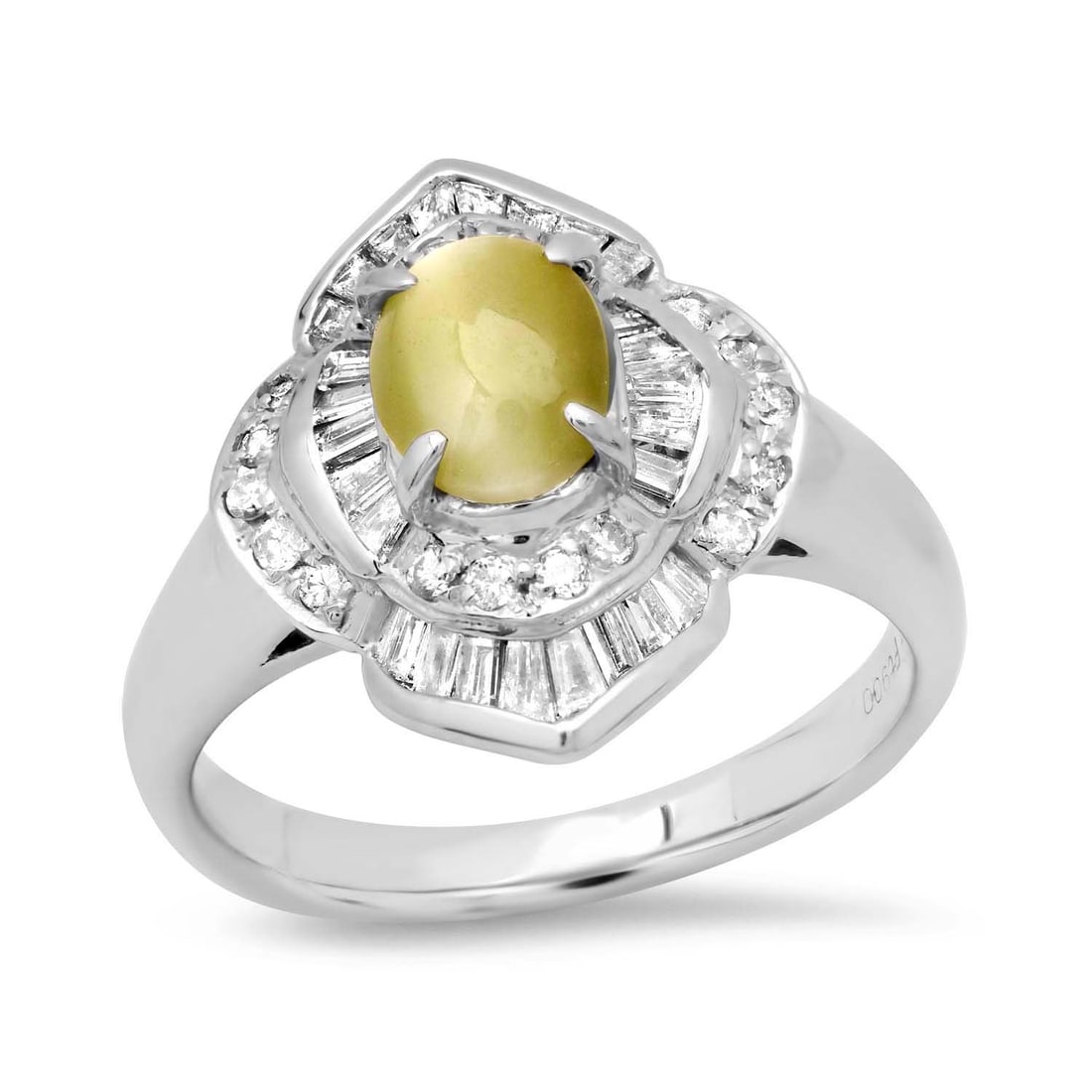 Platinum Setting with 0.97ct Chrysoberyl Cats eye and 0.50ct Diamond Ladies Ring: Retail: $7,200.00 ****** Platinum Setting with 0.97ct Chrysoberyl Cats eye and 0.50ct Diamond Ladies Ring ****** Size: 6.5 (we offer free resizing to winning bidders) / Metal: Platinum / Total Item