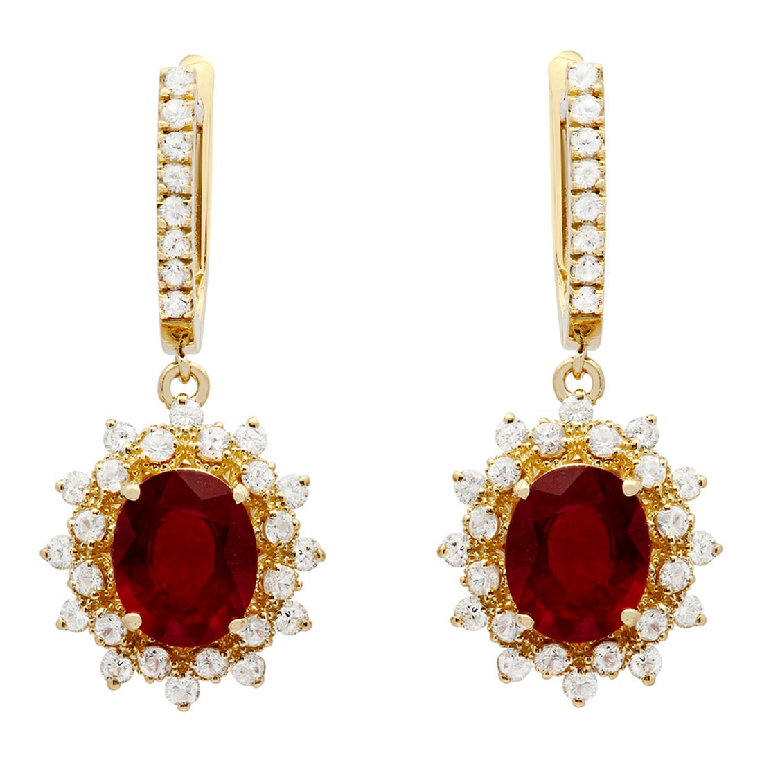 14k Yellow Gold 6.80ct Ruby & 1.35ct Sapphire 0.77ct Diamond Earrings: Retail: $6,460.00 ****** 14k Yellow Gold 6.80ct Ruby & 1.35ct Sapphire 0.77ct Diamond Earrings ****** Metal: 14K Yellow Gold / Total Item Weight: 8.40 grams / Country Made: United States / / Main Ston