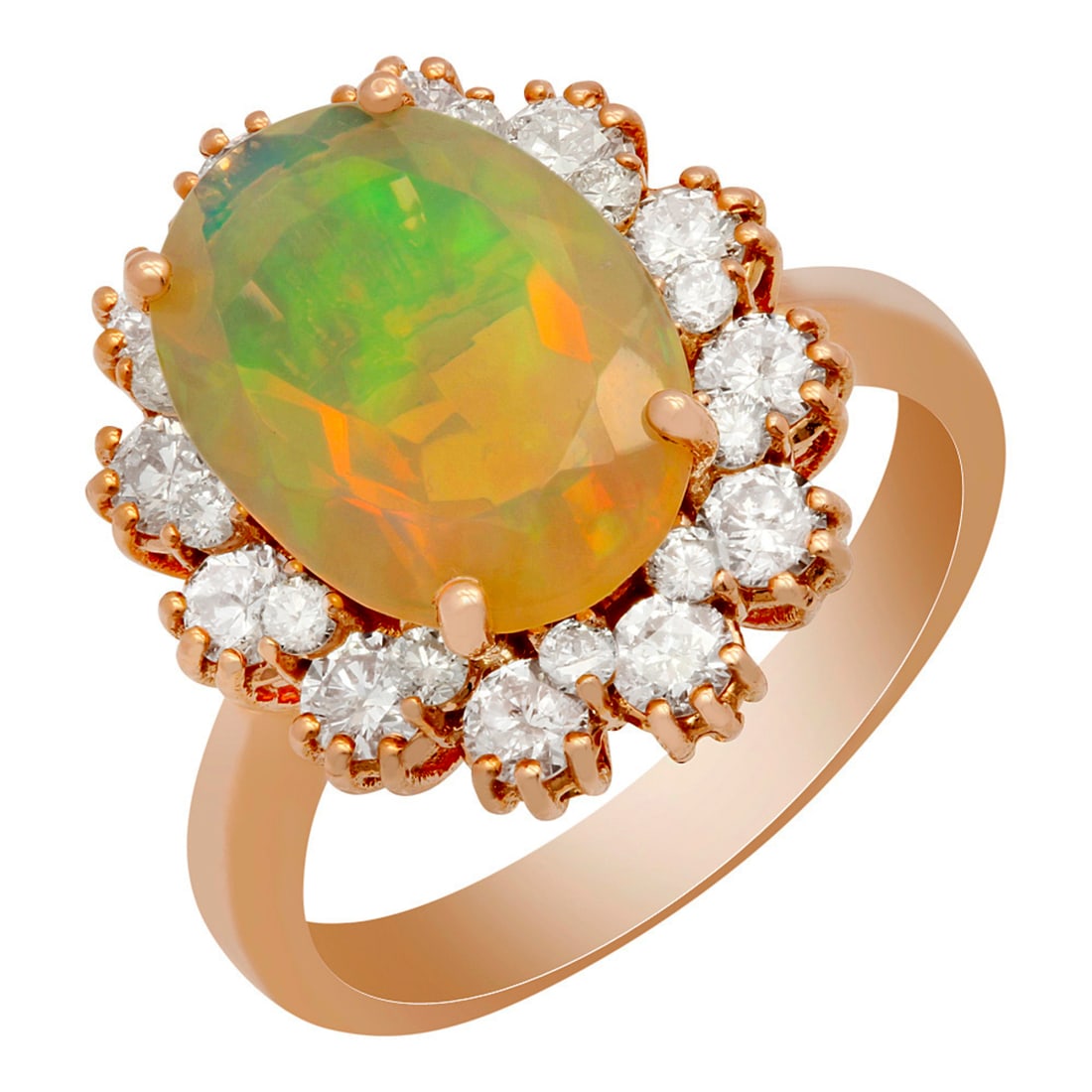 14k Rose Gold 2.56ct Opal 1.16ct Diamond Ring: Retail: $7,715.00 ****** 14k Rose Gold 2.56ct Opal 1.16ct Diamond Ring ****** Metal: 14K Rose Gold / Total Item Weight: 5.50 grams / Country Made: United States / / Main Stone: Opal / Color: Play of