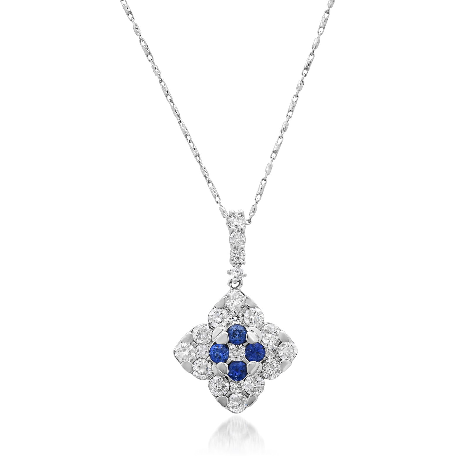 14K White Gold Ladies Pendant with 0.46tcw Sapphire and 0.87tcw Adjacent Diamonds: Retail: $2,825.00 ****** 14K White Gold Ladies Pendant with 0.46tcw Sapphire and 0.87tcw Adjacent Diamonds ****** Size: 1/2 Square with16" Chain / Metal: 14K White Gold / Total Item Weight: 6.8 Grams 