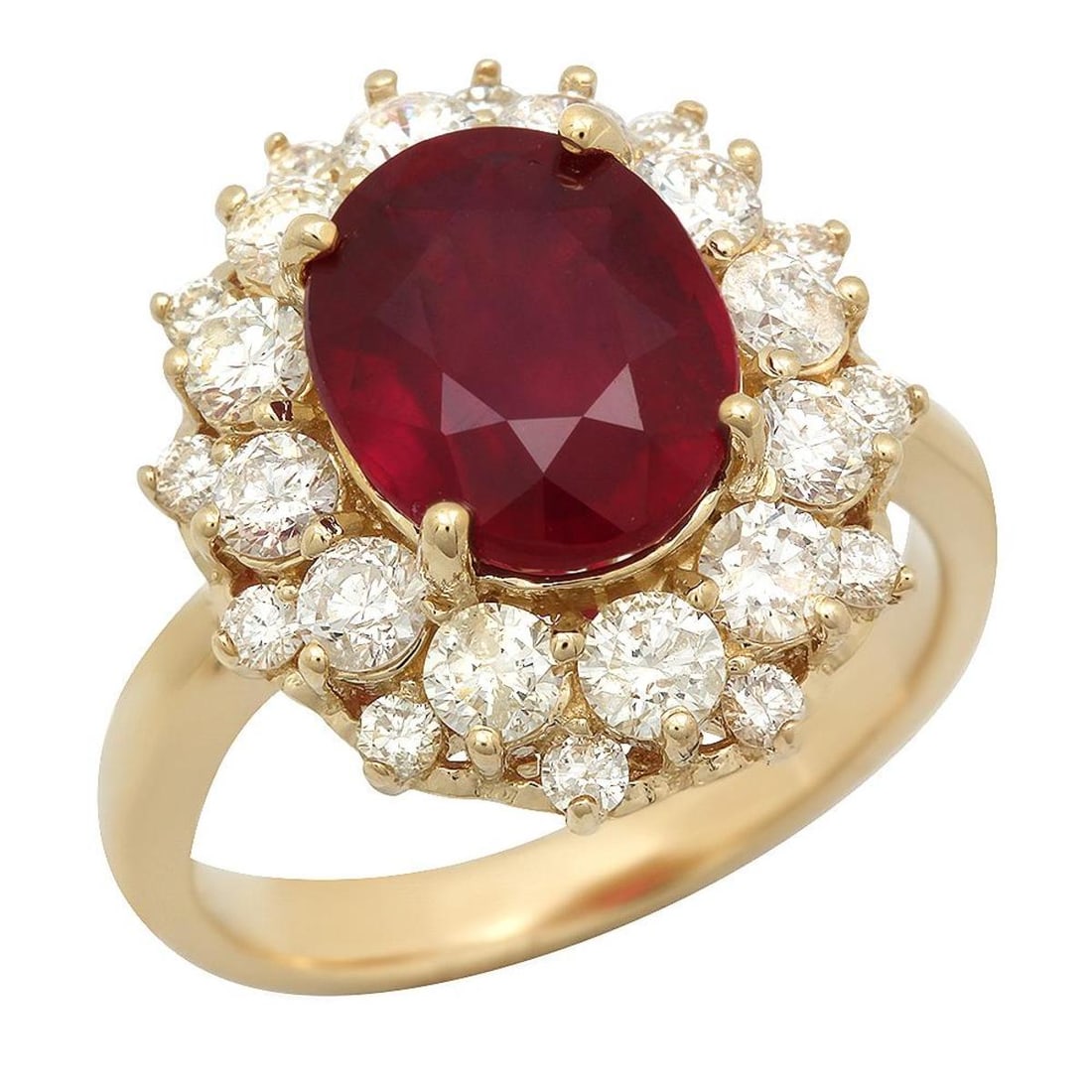 14K Yellow Gold 5.13ct Ruby and 1.50ct Diamond Ring: Retail: $7,779.00 ****** 14K Yellow Gold 5.13ct Ruby and 1.50ct Diamond Ring ****** Metal: 14K Yellow Gold / Total Item Weight: 7.0 Grams / Country Made: United States / / Main Stone: Ruby / Color: