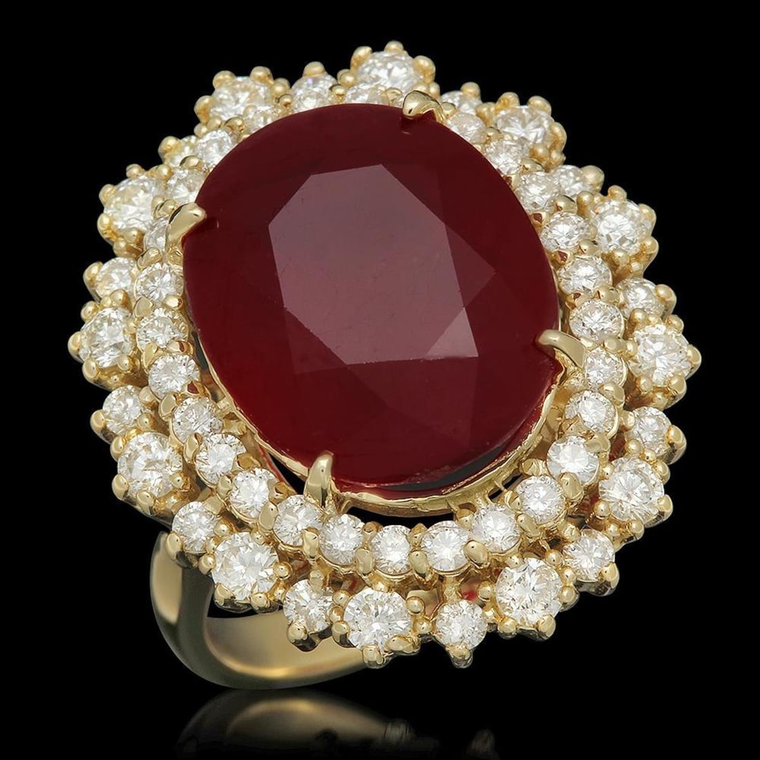 14K Yellow Gold 13.02ct Ruby and 1.57ct Diamond Ring: Retail: $10,050.00 ****** 14K Yellow Gold 13.02ct Ruby and 1.57ct Diamond Ring ****** Metal: 14K Yellow Gold / Total Item Weight: 10.2 Grams / Country Made: United States / / Main Stone: Ruby / Color: