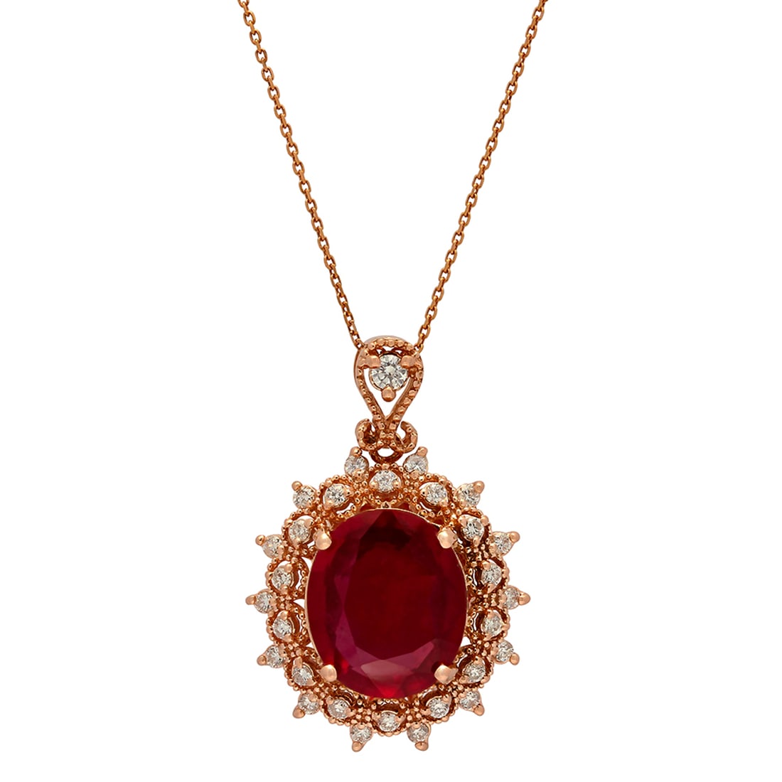 14k Rose Gold 7.15ct Ruby 0.91ct Diamond Pendant: Retail: $4,800.00 ****** 14k Rose Gold 7.15ct Ruby 0.91ct Diamond Pendant ****** Metal: 14K Rose Gold / Total Item Weight: 4.7 grams / Country Made: United States / / Main Stone: Ruby / Color: Red /