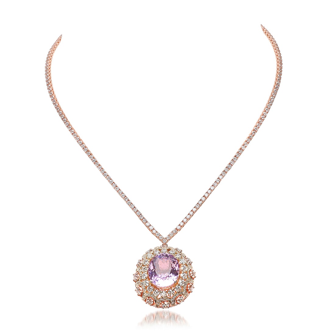 14K Rose Gold 16.85ct Kunzite and 11.20ct Diamond Necklace: Retail: $73,638.00 ****** 14K Rose Gold 16.85ct Kunzite and 11.20ct Diamond Necklace ****** Metal: 14K Rose Gold / Country Made: United States / / Main Stone: Kunzite / Color: Purplish Pink / Carat
