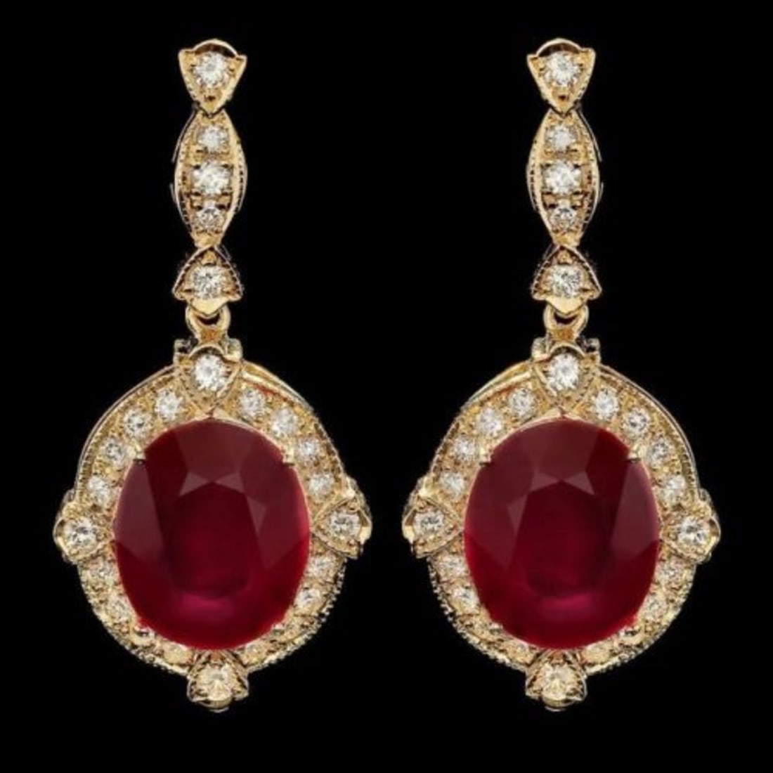 14k Gold 22.73ct Ruby 1.69ct Diamond Earrings: Retail: $16,700.00 ****** 14k Gold 22.73ct Ruby 1.69ct Diamond Earrings ****** Metal: 14k Solid Yellow Gold / Total Item Weight: 13.3 grams / Country Made: United States / / Main Stone: Ruby / Color: 