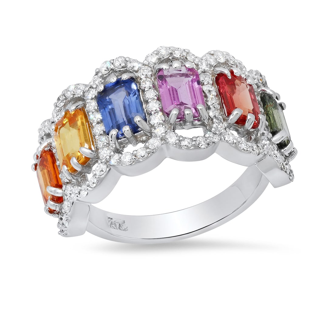 14K White Gold with 3.95ct Multi-Color Sapphire and 1.05ct Diamond Ring: Retail: $7,660.00 ****** 14K White Gold with 3.95ct Multi-Color Sapphire and 1.05ct Diamond Ring ****** Size: Size 7 (we offer free resizing to winning bidders / Metal: 14K White Gold / Total Item