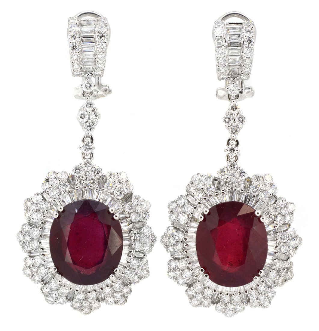18K White Gold Ladies Earrings with 17.11ct Rubies and 4.96ct tw Adjacent Diamonds: Retail: $17,500.00 ****** 18K White Gold Ladies Earrings with 17.11ct Rubies and 4.96ct tw Adjacent Diamonds ****** Size: 1.5 / Metal: 18K White Gold / Total Item Weight: 16 Grams / Country Made: