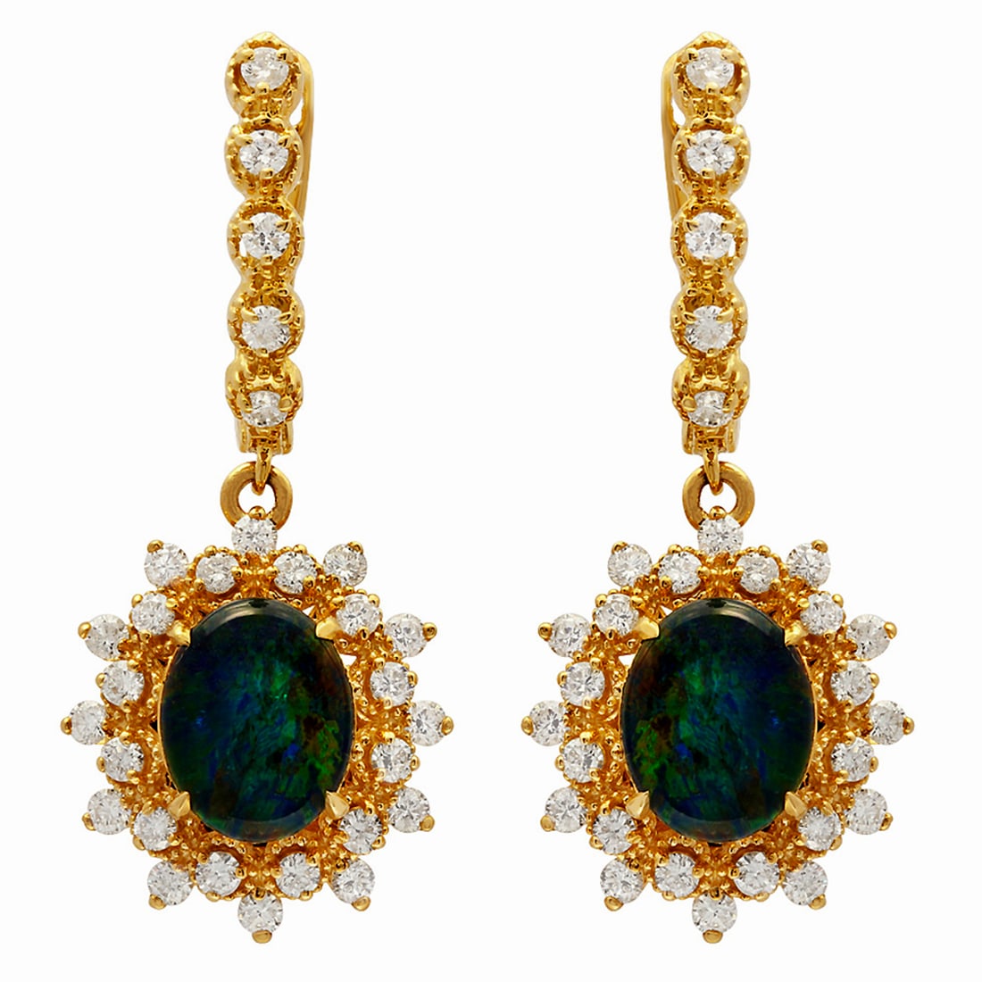 14k Yellow Gold 3.65ct Opal 1.59ct Diamond Earrings: Retail: $9,925.00 ****** 14k Yellow Gold 3.65ct Opal 1.59ct Diamond Earrings ****** Metal: 14K Yellow Gold / Total Item Weight: 7.90 grams / Country Made: United States / / Main Stone: Opal / Color: