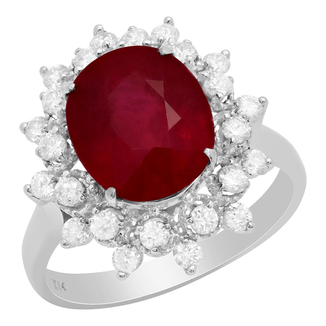 14k White Gold 5.14ct Ruby 0.64ct Diamond Ring: Retail: $4,120.00 ****** 14k White Gold 5.14ct Ruby 0.64ct Diamond Ring ****** Metal: 14K White Gold / Total Item Weight: 4.50 grams / Country Made: United States / / Main Stone: Ruby / Color: Intense