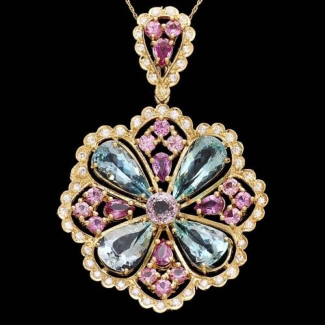 14K Gold 11.86ct Aquamarine 6.46ct Sapphire and Spinel 1.41ct Diamond Pendant: Retail: $19,960.00 ****** 14K Gold 11.86ct Aquamarine 6.46ct Sapphire and Spinel 1.41ct Diamond Pendant ****** Metal: 14K Yellow Gold / Total Item Weight: 6.0 Grams / Country Made: United States / / M