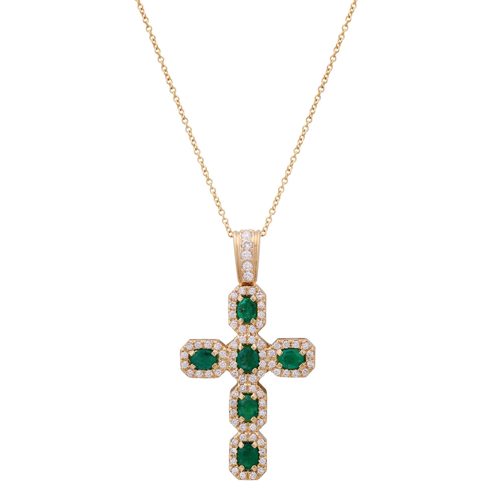 14K Yellow Gold with 1.25ct Emerald and 0.55ct Diamond Cross Pendant