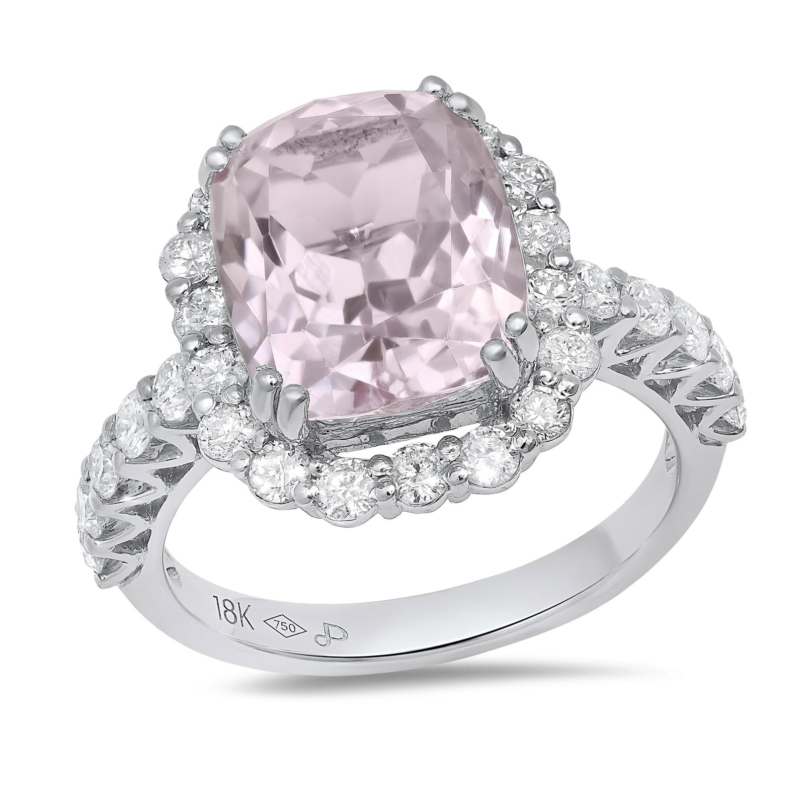 18K White Gold Ladies Ring with 6.30ct Kunzite and 1.27tcw Adjacent Diamonds