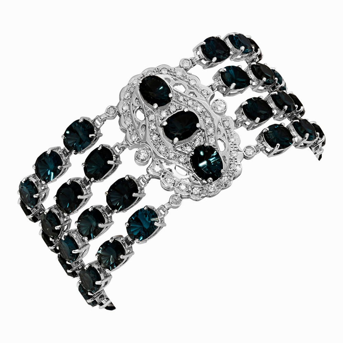 14k White Gold 86.89ct Blue Topaz 1.08ct Diamond Bracelet: Retail: $16,725.00 ****** 14k White Gold 86.89ct Blue Topaz 1.08ct Diamond Bracelet ****** Metal: 14K White Gold / Total Item Weight: 52.70 grams / Country Made: United States / / Main Stone: Blue