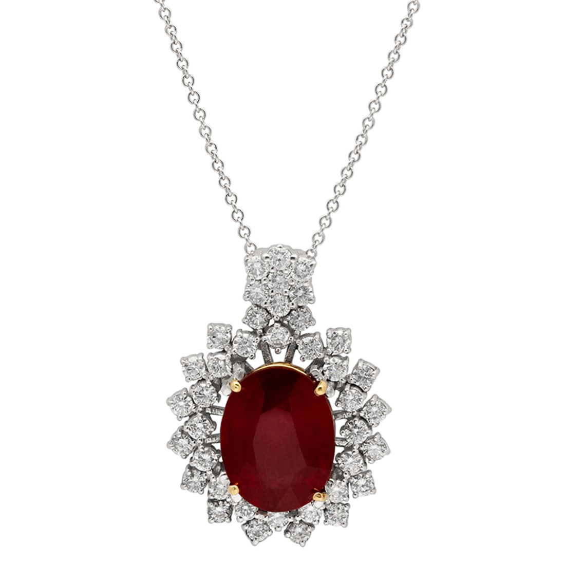14k White Gold 7.97ct Ruby 1.79ct Diamond Pendant: Retail: $9,125.00 ****** 14k White Gold 7.97ct Ruby 1.79ct Diamond Pendant ****** Metal: 14K White Gold / Total Item Weight: 8.90 grams / Country Made: United States / / Main Stone: Ruby / Color: Inte