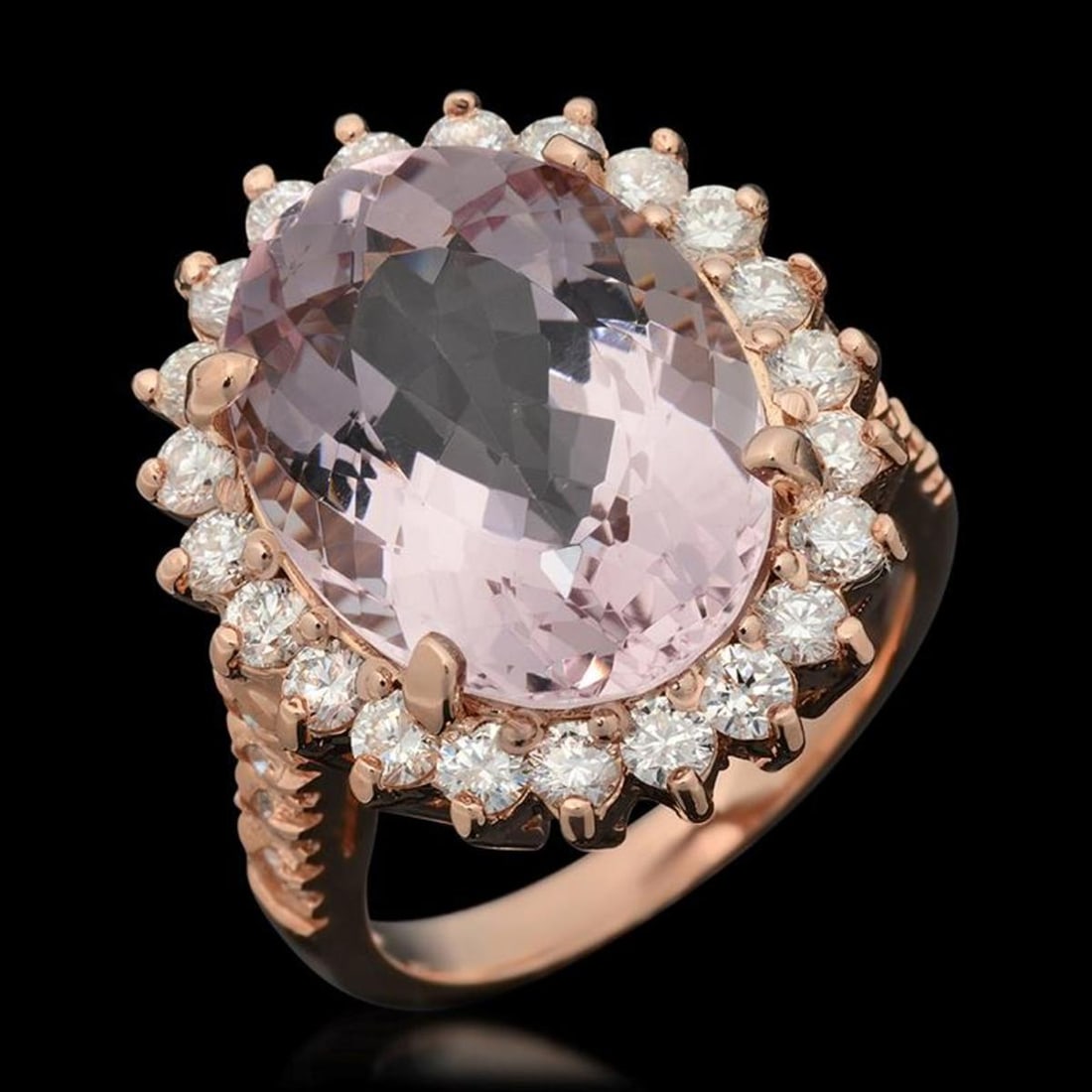14K Rose Gold 9.58ct Kunzite and 1.52ct Diamond Ring: Retail: $12,000.00 ****** 14K Rose Gold 9.58ct Kunzite and 1.52ct Diamond Ring ****** Metal: 14K Rose Gold / Total Item Weight: 8.8 Grams / Country Made: United States / / Main Stone: Kunzite /