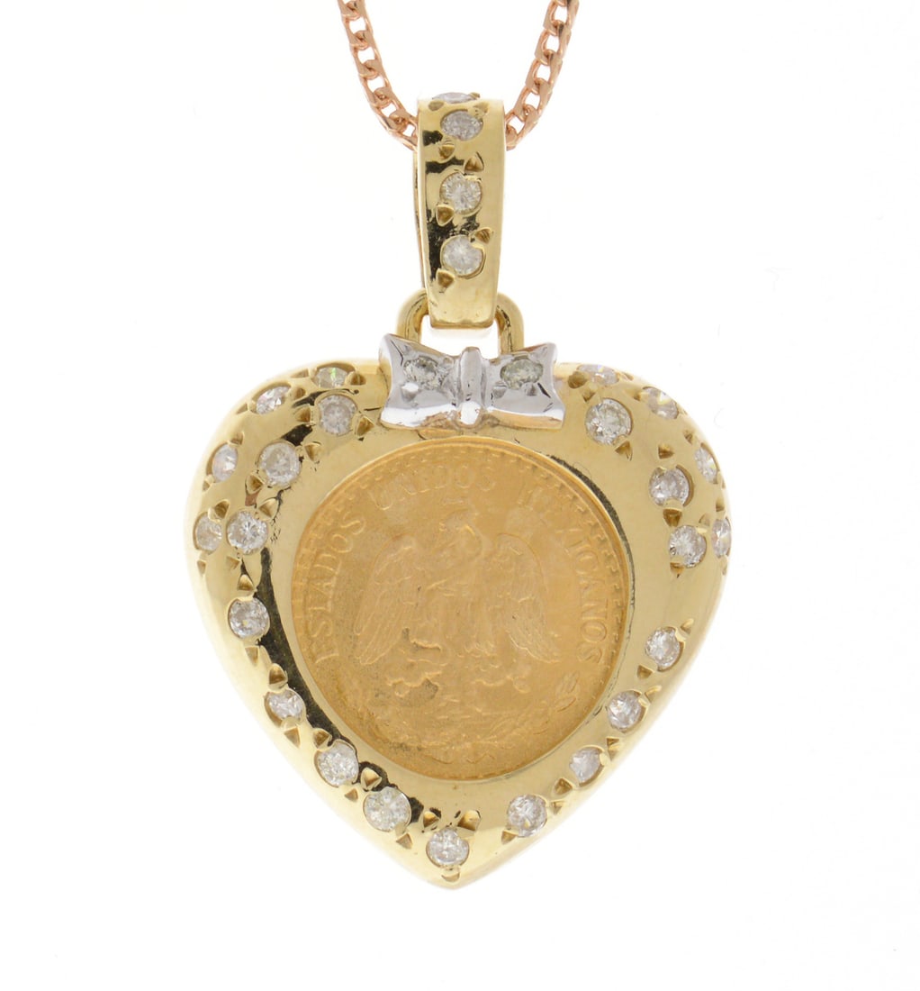 14K Yellow Gold Pendant Mounted with 1945 Dos Peso Mexican Gold Coin and 0.51tcw Adjacent Diamonds: Retail: $7,500.00 ****** 14K Yellow Gold Pendant Mounted with 1945 Dos Peso Mexican Gold Coin and 0.51tcw Adjacent Diamonds ****** Size: 16 Chain / Metal: 14K Yellow Gold / Total Item Weight: 9.0