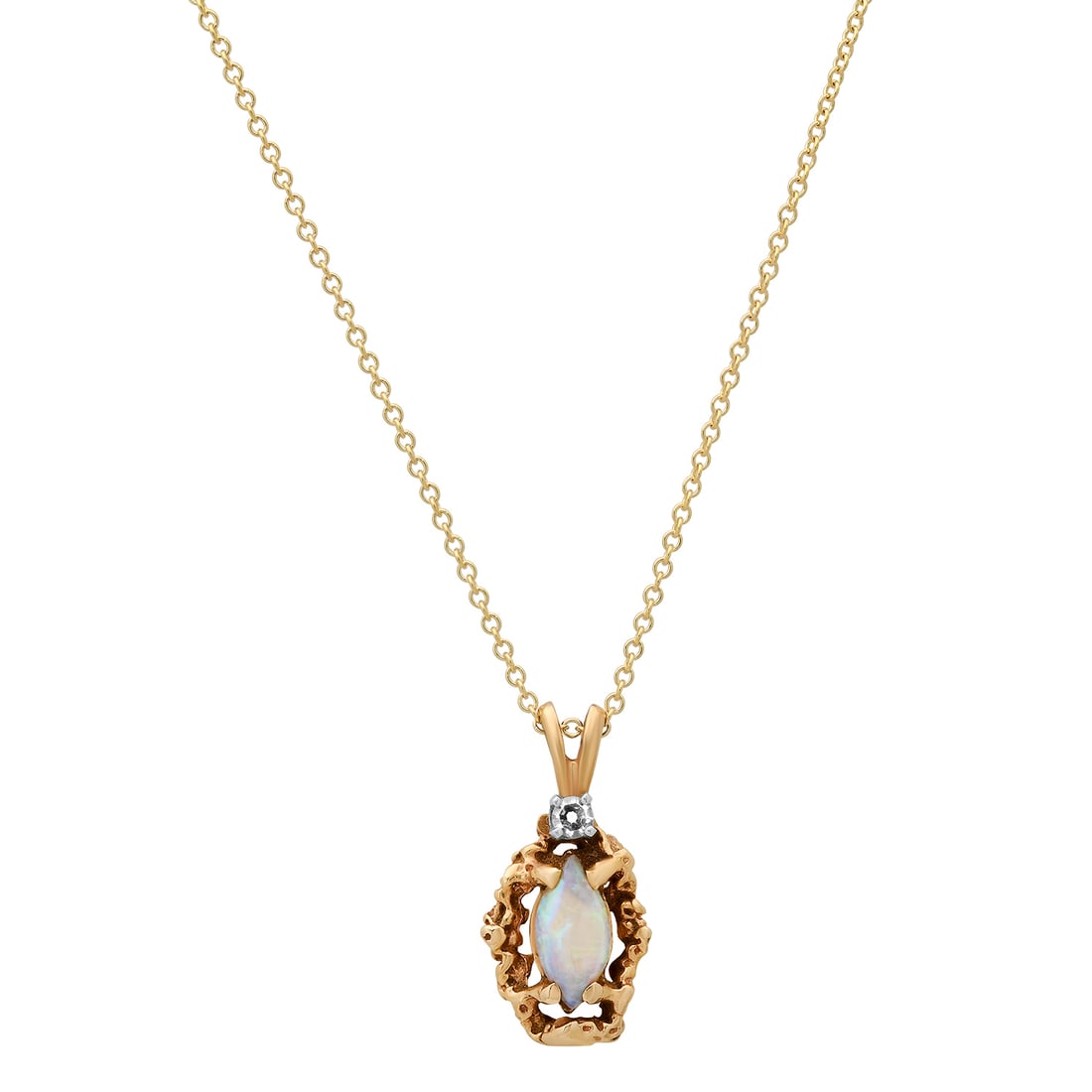 14K Yellow Gold setting with .35ct Opal and .015ct Diamond Pendant: Retail: $685.00 ****** 14K Yellow Gold setting with .35ct Opal and .015ct Diamond Pendant ****** Size: 18 / Metal: 14K Yellow Gold / Total Item Weight: 2.2 Grams / Country Made: United States / /