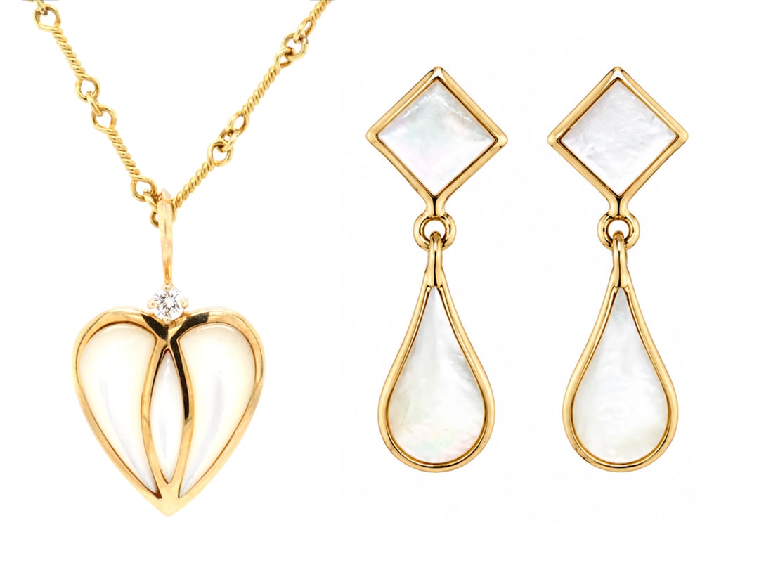 14K Earring and Necklace Set Mounted in Mother of Pearl with .08ct Diamond (1 of 7)