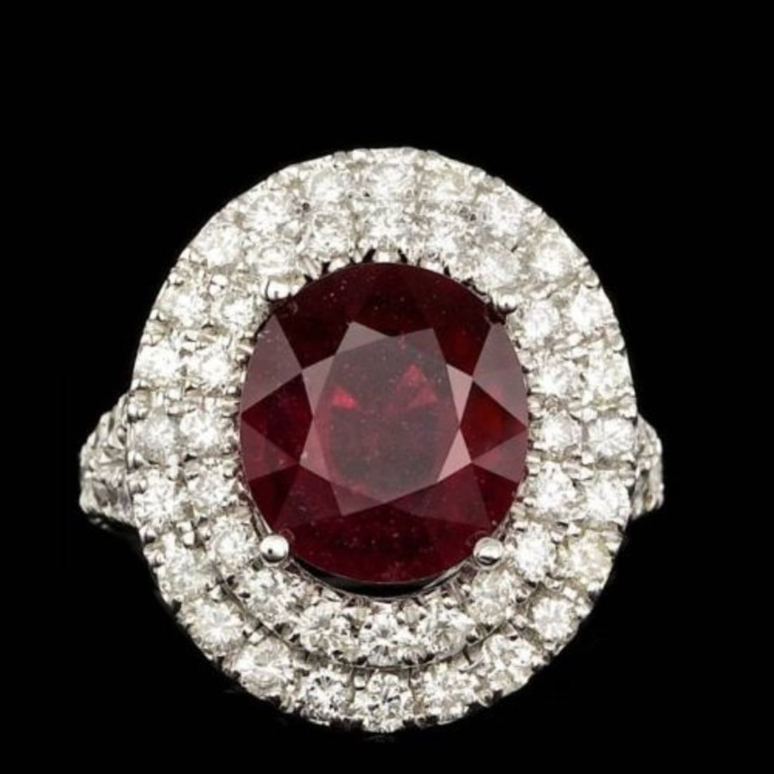 14K White Gold 5.67ct Ruby and 2.12ct Diamond Ring: Retail: $15,900.00 ****** 14K White Gold 5.67ct Ruby and 2.12ct Diamond Ring ****** Metal: 14K White Gold / Total Item Weight: 7.5 Grams / Country Made: United States / / Main Stone: Ruby / Color: Red