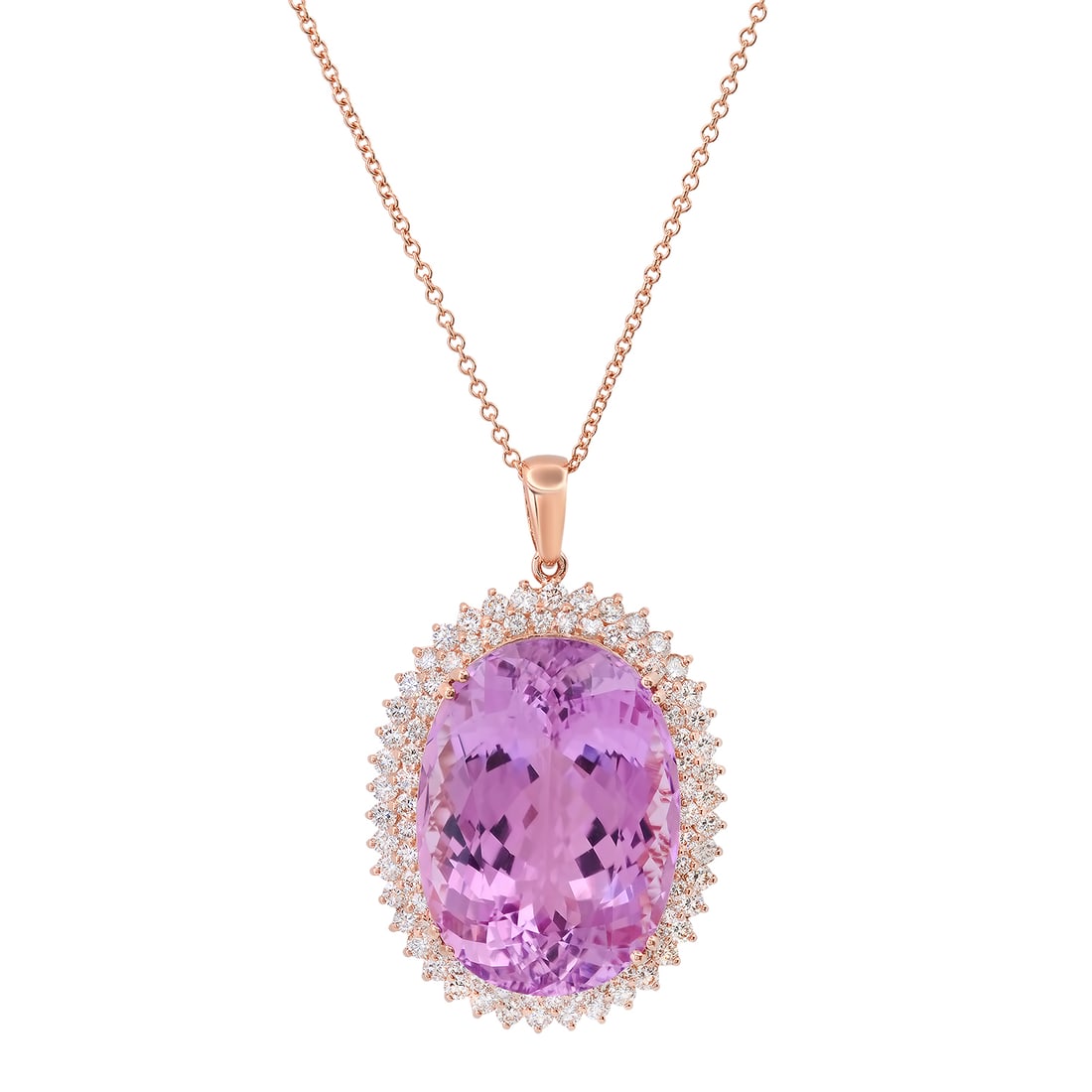 14K Rose Gold Setting with 65.0ct Kunzite and 3.52ct Diamond Pendant: Retail: $57,232.00 ****** 14K Rose Gold Setting with 65.0ct Kunzite and 3.52ct Diamond Pendant ****** Size: 18 Chain / Metal: 14K Rose Gold / Total Item Weight: 27.8 Grams / Country Made: United State