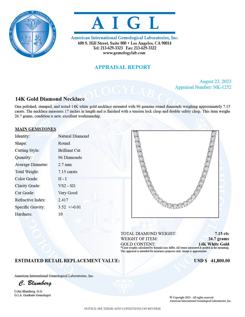 14K White Gold Setting with 7.15ct Diamond Necklace - 4
