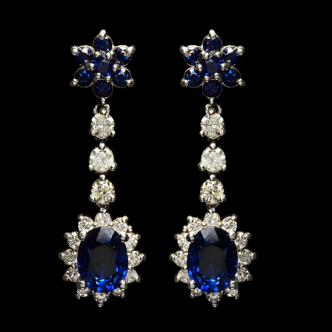 14k White Gold 3.28ct Sapphire 1.50ct Diamond Earrings: Retail: $5,770.00 ****** 14k White Gold 3.28ct Sapphire 1.50ct Diamond Earrings ****** Metal: 14K White Gold / Total Item Weight: 4.7 grams / Country Made: United States / / Main Stone: Sapphire /
