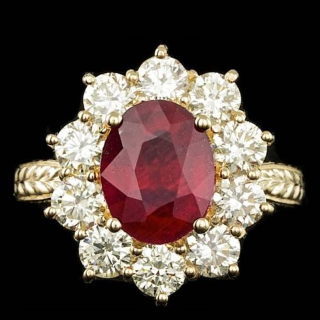 14K Yellow Gold 3.78ct Ruby and 2.12ct Diamond Ring: Retail: $14,670.00 ****** 14K Yellow Gold 3.78ct Ruby and 2.12ct Diamond Ring ****** Metal: 14K Yellow Gold / Total Item Weight: 6.5 Grams / Country Made: United States / / Main Stone: Ruby / Color: R