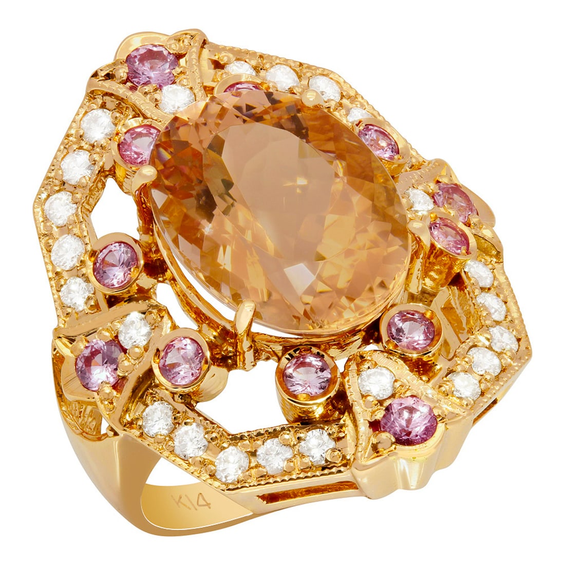 14k Rose Gold 7.27ct Morganite 0.75ct Pink Sapphire 0.59ct Diamond Ring: Retail: $11,805.00 ****** 14k Rose Gold 7.27ct Morganite 0.75ct Pink Sapphire 0.59ct Diamond Ring ****** Metal: 14K Rose Gold / Total Item Weight: 10.10 grams / Country Made: United States / / Main St