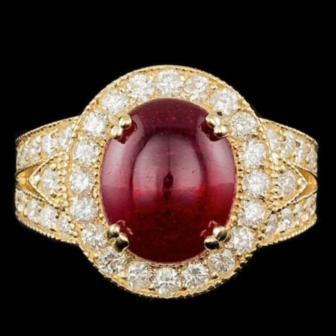 14K Yellow Gold 8.11ct Ruby and 1.59ct Diamond Ring: Retail: $15,740.00 ****** 14K Yellow Gold 8.11ct Ruby and 1.59ct Diamond Ring ****** Metal: 14K Yellow Gold / Total Item Weight: 9.5 Grams / Country Made: United States / / Main Stone: Ruby / Color: R