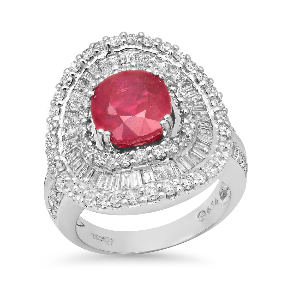 18K White Gold Setting with 4.14ct Ruby and 2.16ct Diamond Ladies Ring: Retail: $11,310.00 ****** 18K White Gold Setting with 4.14ct Ruby and 2.16ct Diamond Ladies Ring ****** Size: 6.5 (we offer free resizing to winning bidders) / Metal: 18K White Gold / Total Item Weigh