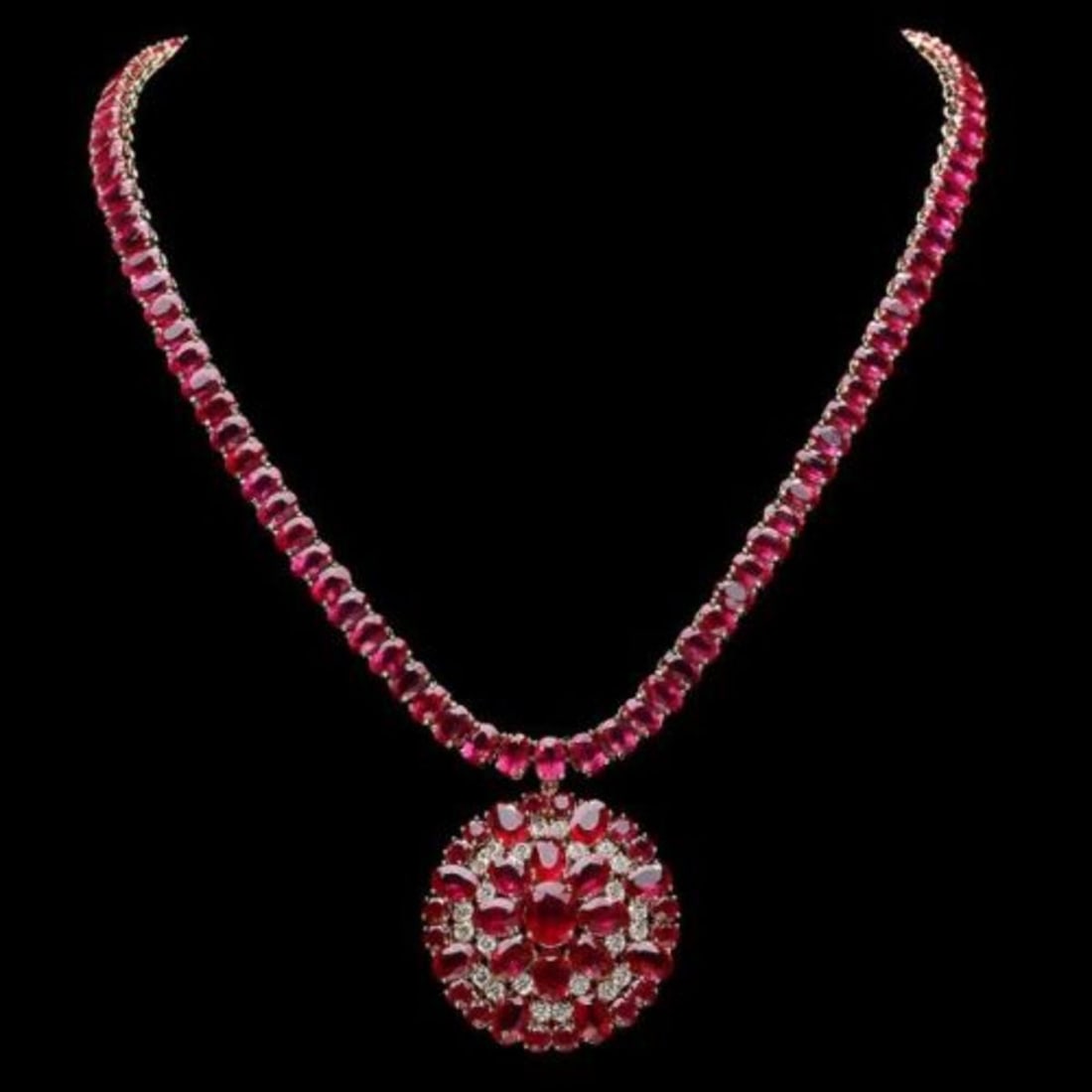 14K Yellow Gold 94.35ct Ruby and 1.20ct Diamond Necklace: Retail: $48,810.00 ****** 14K Yellow Gold 94.35ct Ruby and 1.20ct Diamond Necklace ****** Metal: 14K Yellow Gold / Total Item Weight: 48.0 Grams / Country Made: United States / / Main Stone: Ruby /