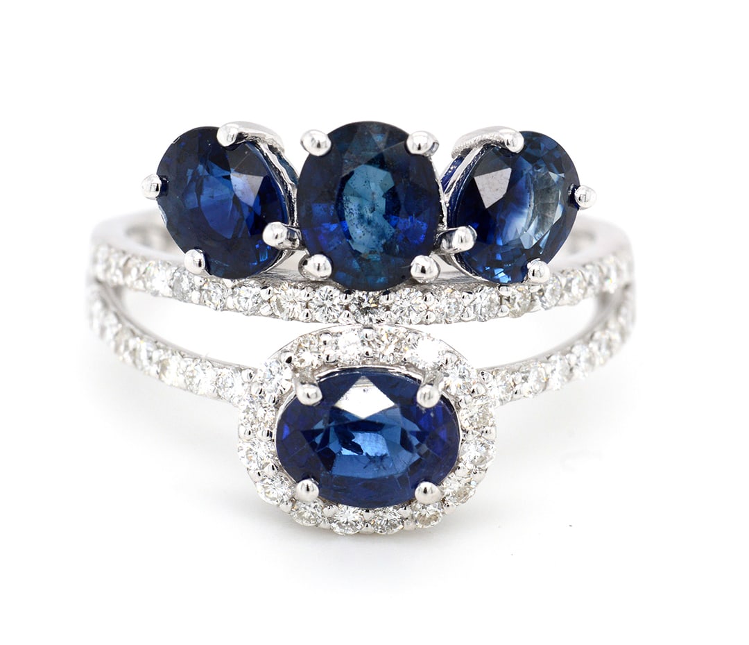 14K White Gold Ladies Ring with 3.32ct Sapphire and 0.49tcw Adjacent Diamonds