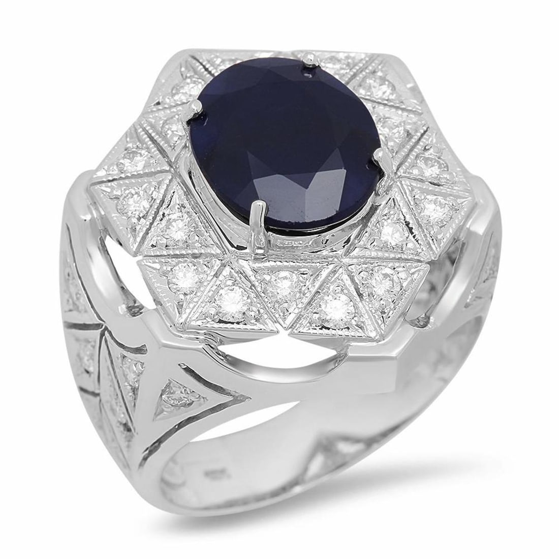 14K White Gold 5.19ct Sapphire and 1.09ct Diamond Ring: Retail: $7,595.00 ****** 14K White Gold 5.19ct Sapphire and 1.09ct Diamond Ring ****** Metal: 14K White Gold / Total Item Weight: 11.3 Grams / Country Made: United States / / Main Stone: Sapphire /