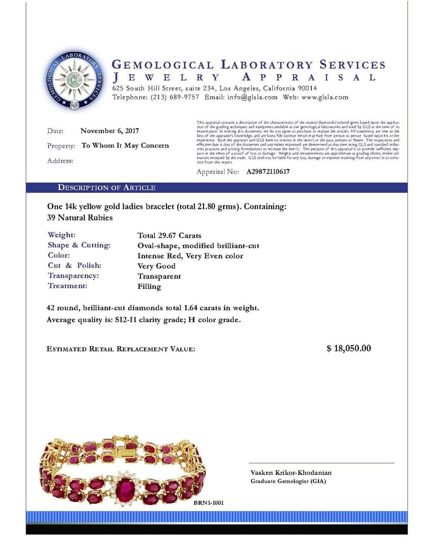 14k Yellow Gold 29.67ct Ruby 1.64ct Diamond Bracelet - 4