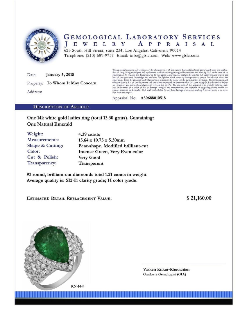 14k White Gold 4.39ct Emerald 1.21ct Diamond Ring - 6