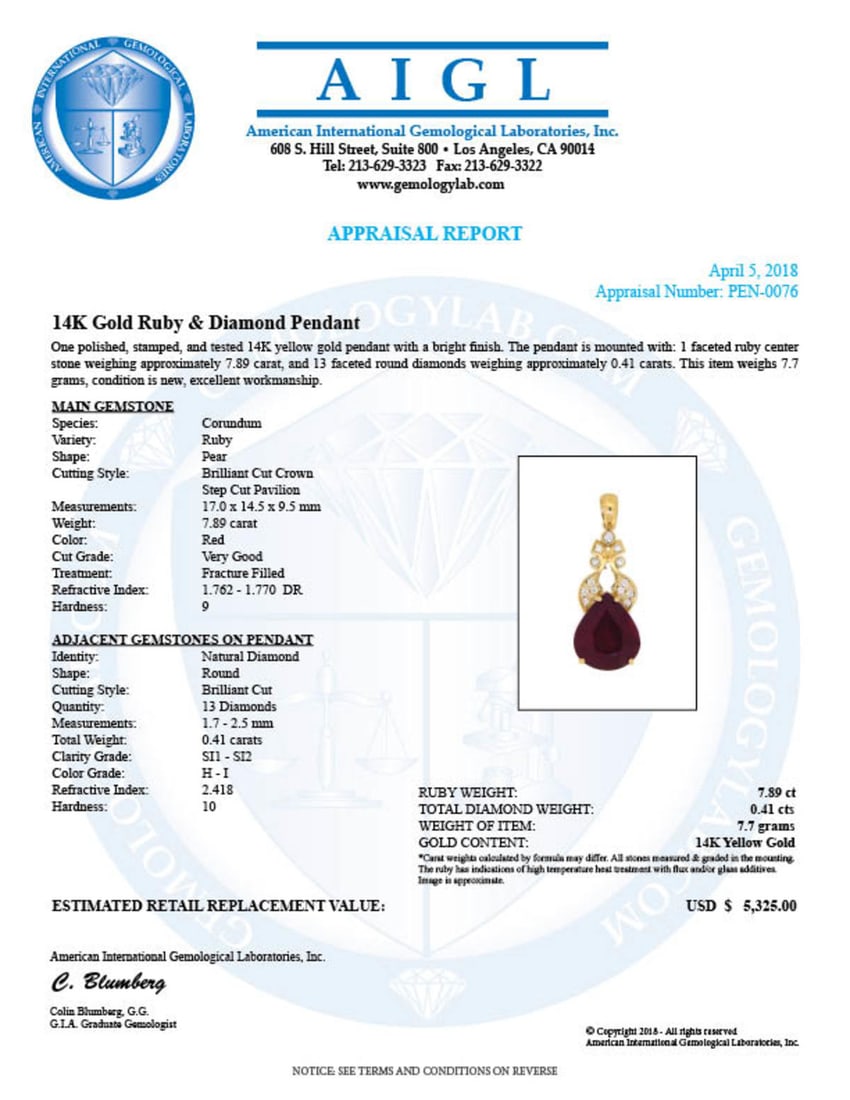 14k Yellow Gold 7.89ct Ruby 0.41ct Diamond Pendant - 4