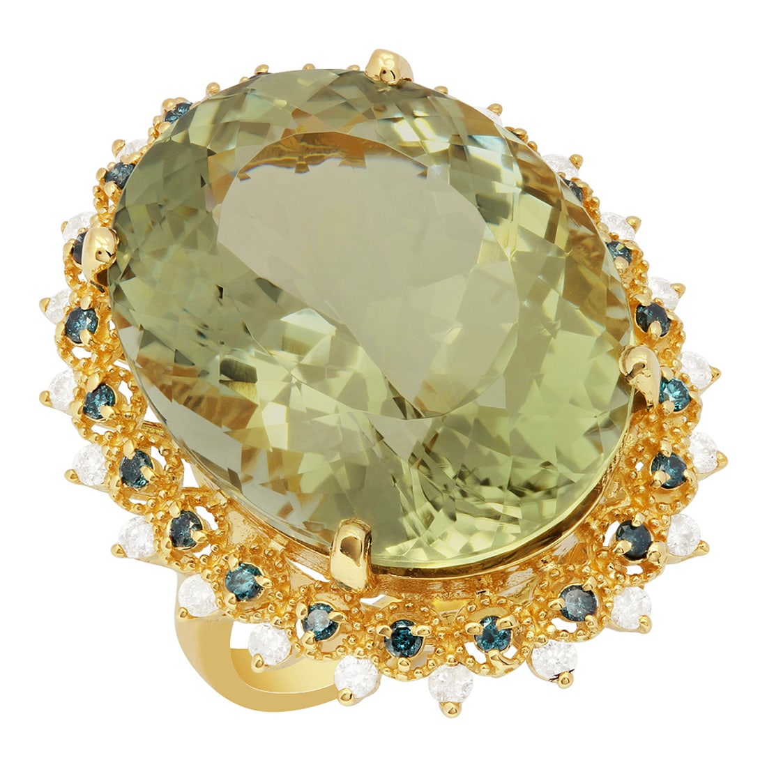 14k Yellow Gold 30.72ct Green Amethyst 0.34ct & 0.53ct Diamond Ring: Retail: $9,785.00 ****** 14k Yellow Gold 30.72ct Green Amethyst 0.34ct & 0.53ct Diamond Ring ****** Metal: 14K Yellow Gold / Total Item Weight: 14.70 grams / Country Made: United States / / Main Stone