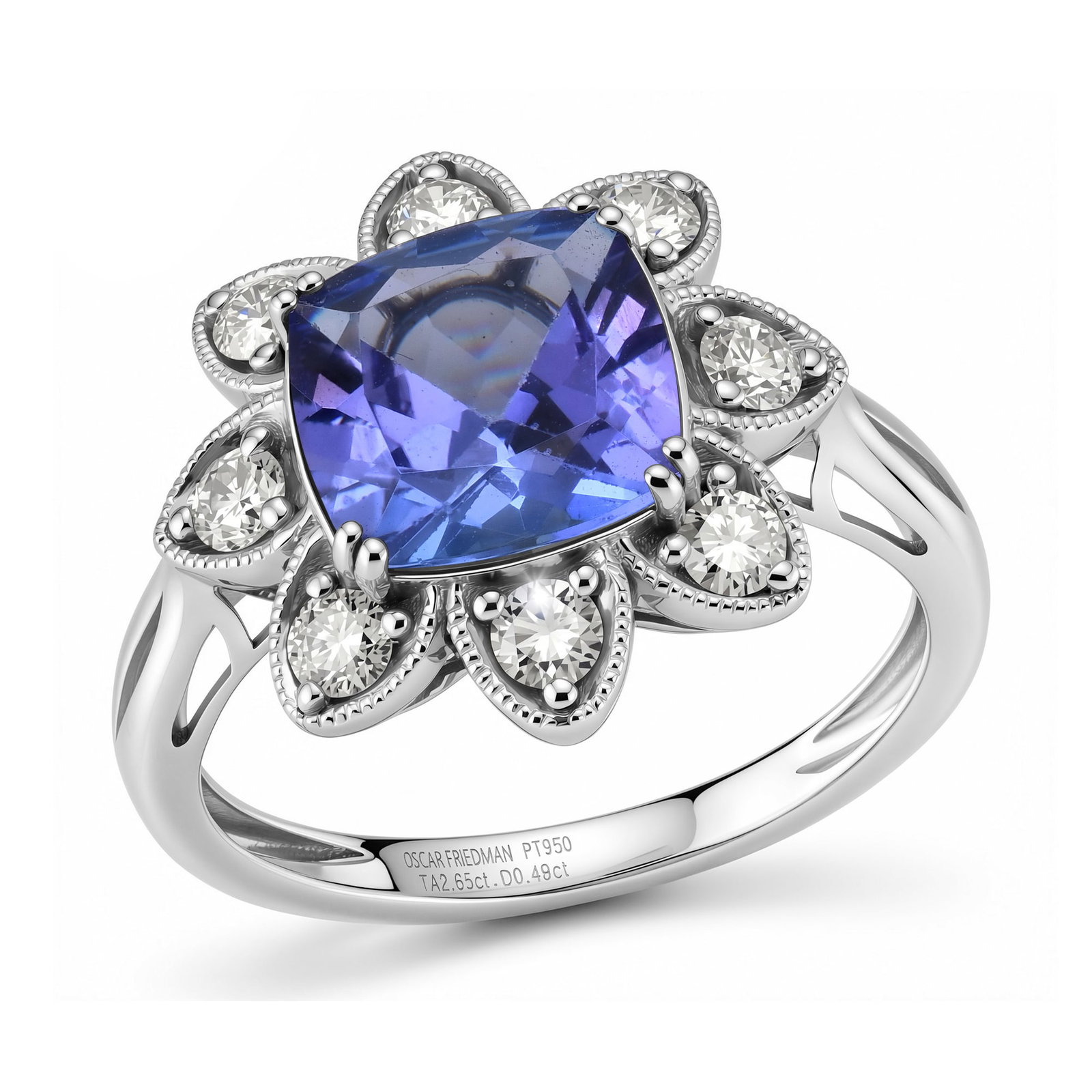 Platinum Ladies Ring with 2.65ct Tanzanite and 0.49tcw Adjacent Diamonds: Retail: $11,630.00 ****** Platinum Ladies Ring with 2.65ct Tanzanite and 0.49tcw Adjacent Diamonds ****** Size: 7 / Metal: Platinum / Total Item Weight: 6.0 Grams / Country Made: United States / /