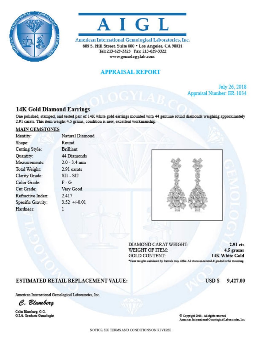 14K Gold 2.91ct Diamond Earrings - 3