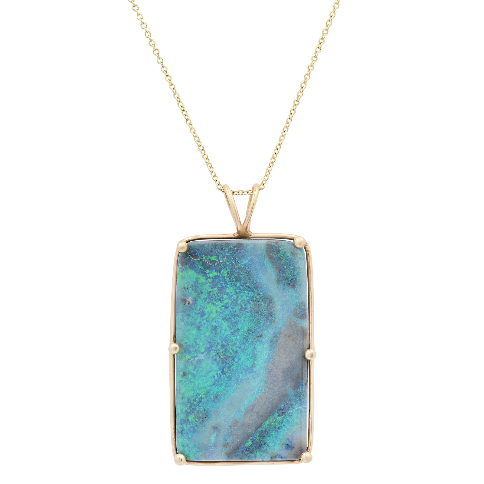 14K Yellow Gold 27ct Boulder Opal Pendant: Retail: $4,200.00 ****** 14K Yellow Gold 27ct Boulder Opal Pendant ****** Size: 1.5 long 1" wide 18" Chain / Metal: 14K Yellow Gold / Country Made: United States / / Main Stone: Opal / Color: Play of