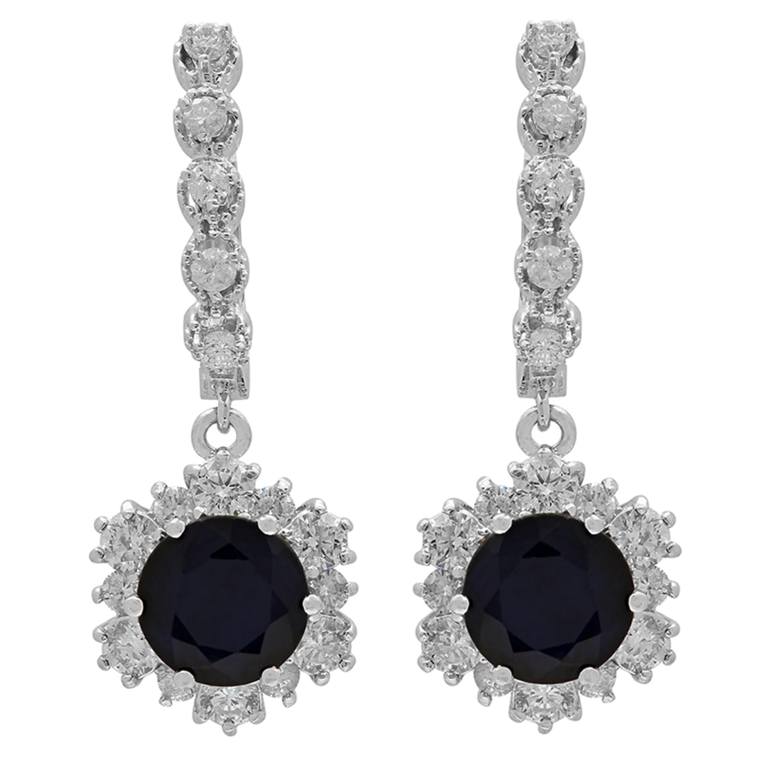 14k White Gold 4.96ct Sapphire 1.92ct Diamond Earrings: Retail: $10,640.00 ****** 14k White Gold 4.96ct Sapphire 1.92ct Diamond Earrings ****** Metal: 14K White Gold / Total Item Weight: 7.80 grams / Country Made: United States / / Main Stone: Sapphire /