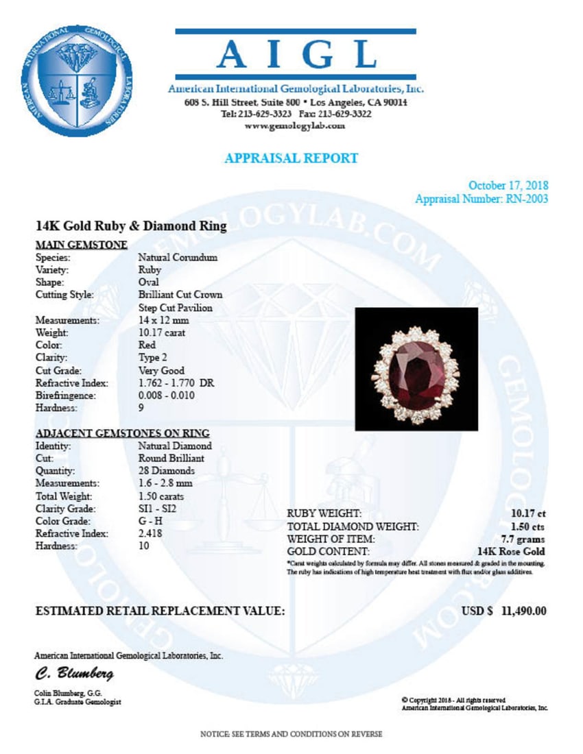 14K Rose Gold 10.17ct Ruby and 1.50ct Diamond Ring - 5