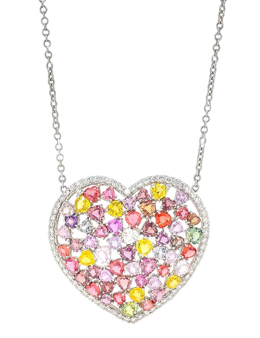 18K White Gold Ladies Pendant with 24.93ct tw Multi-Color Sapphire and 2.64ct tw Adjacent Diamonds: Retail: $17,500.00 ****** 18K White Gold Ladies Pendant with 24.93ct tw Multi-Color Sapphire and 2.64ct tw Adjacent Diamonds ****** Size: 18 Chain / Metal: 18K White Gold / Total Item Weight: 28.4 Gra