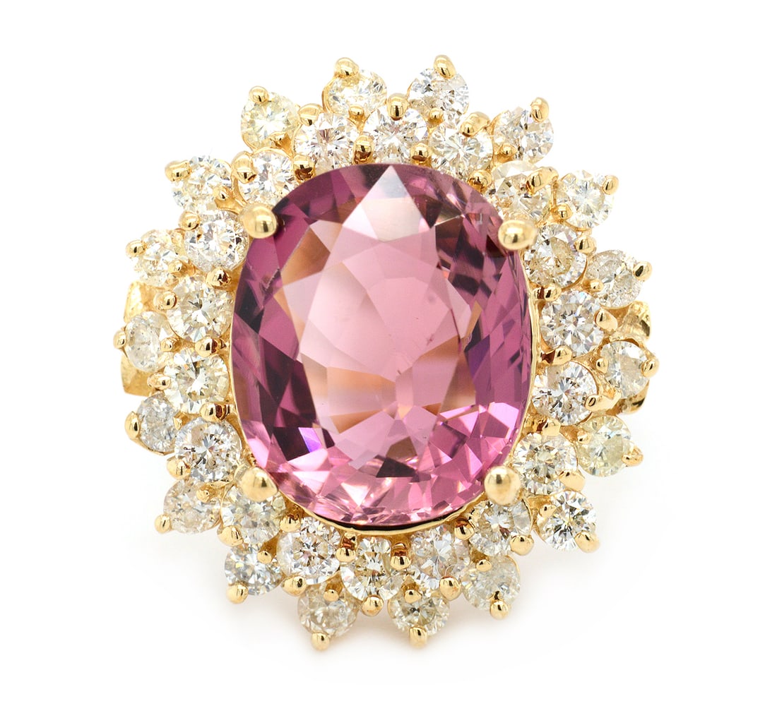 14K Yellow Gold Ladies Ring with 5.05ct Tourmaline and 1.48tcw Adjacent Diamonds: Retail: $8,900.00 ****** 14K Yellow Gold Ladies Ring with 5.05ct Tourmaline and 1.48tcw Adjacent Diamonds ****** Size: 6.5 / Metal: 14K Yellow Gold / Total Item Weight: 7.2 Grams / Country Made: Unite