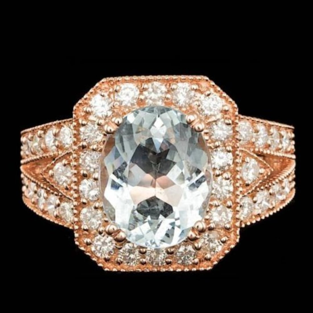 14K Rose Gold 3.07ct Aquamarine and 1.32ct Diamond Ring: Retail: $12,700.00 ****** 14K Rose Gold 3.07ct Aquamarine and 1.32ct Diamond Ring ****** Metal: 14K Rose Gold / Total Item Weight: 8.0 Grams / Country Made: United States / / Main Stone: Aquamarine / 