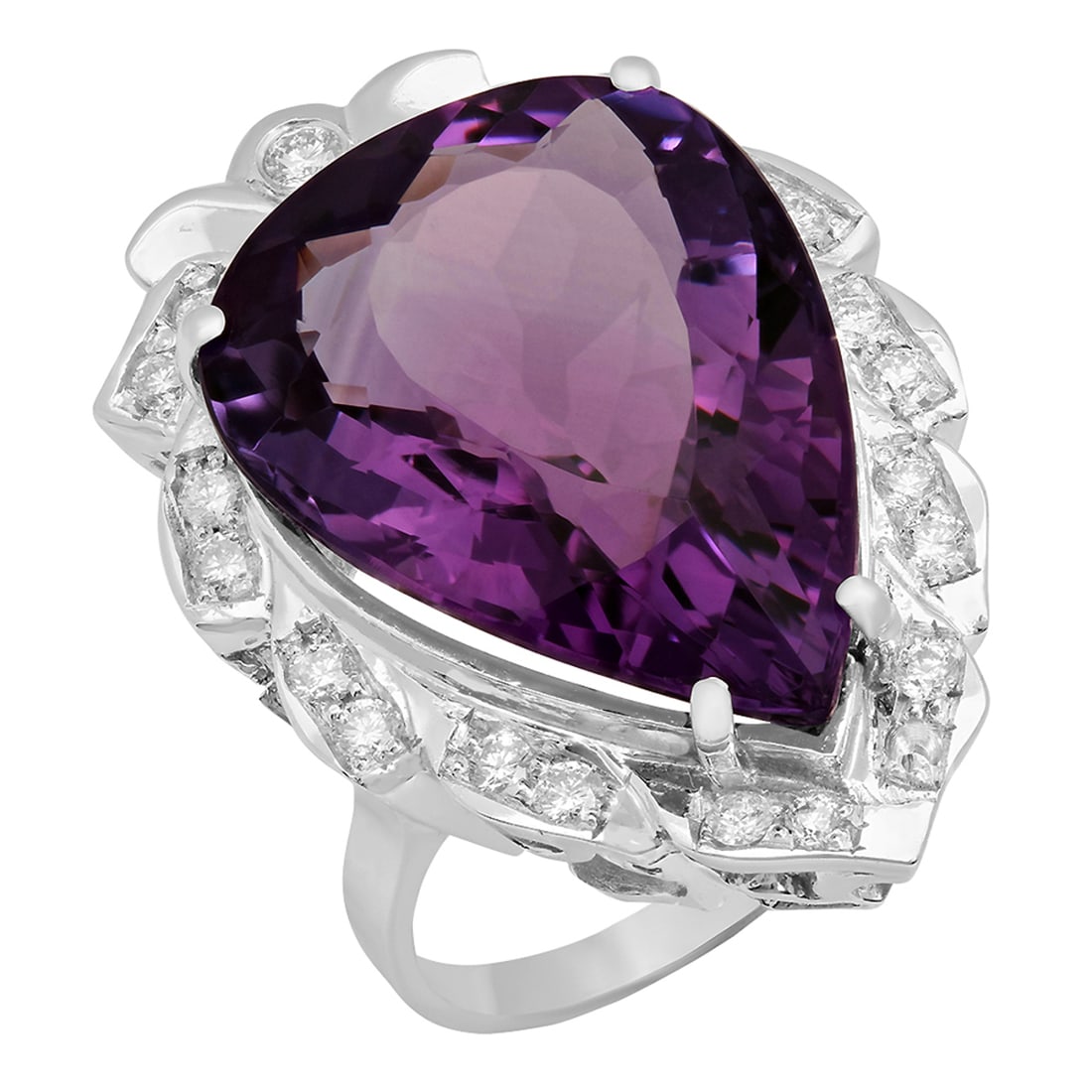 14k White Gold 19.87ct Amethyst 0.67ct Diamond Ring: Retail: $7,340.00 ****** 14k White Gold 19.87ct Amethyst 0.67ct Diamond Ring ****** Metal: 14K White Gold / Total Item Weight: 11.97 grams / Country Made: United States / / Main Stone: Amethyst / Colo